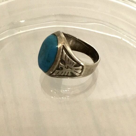 Fred Harvey Era Navajo Double Thunderbird Sterling Turquoise Ring Sz 6.75 - Picture 9 of 10